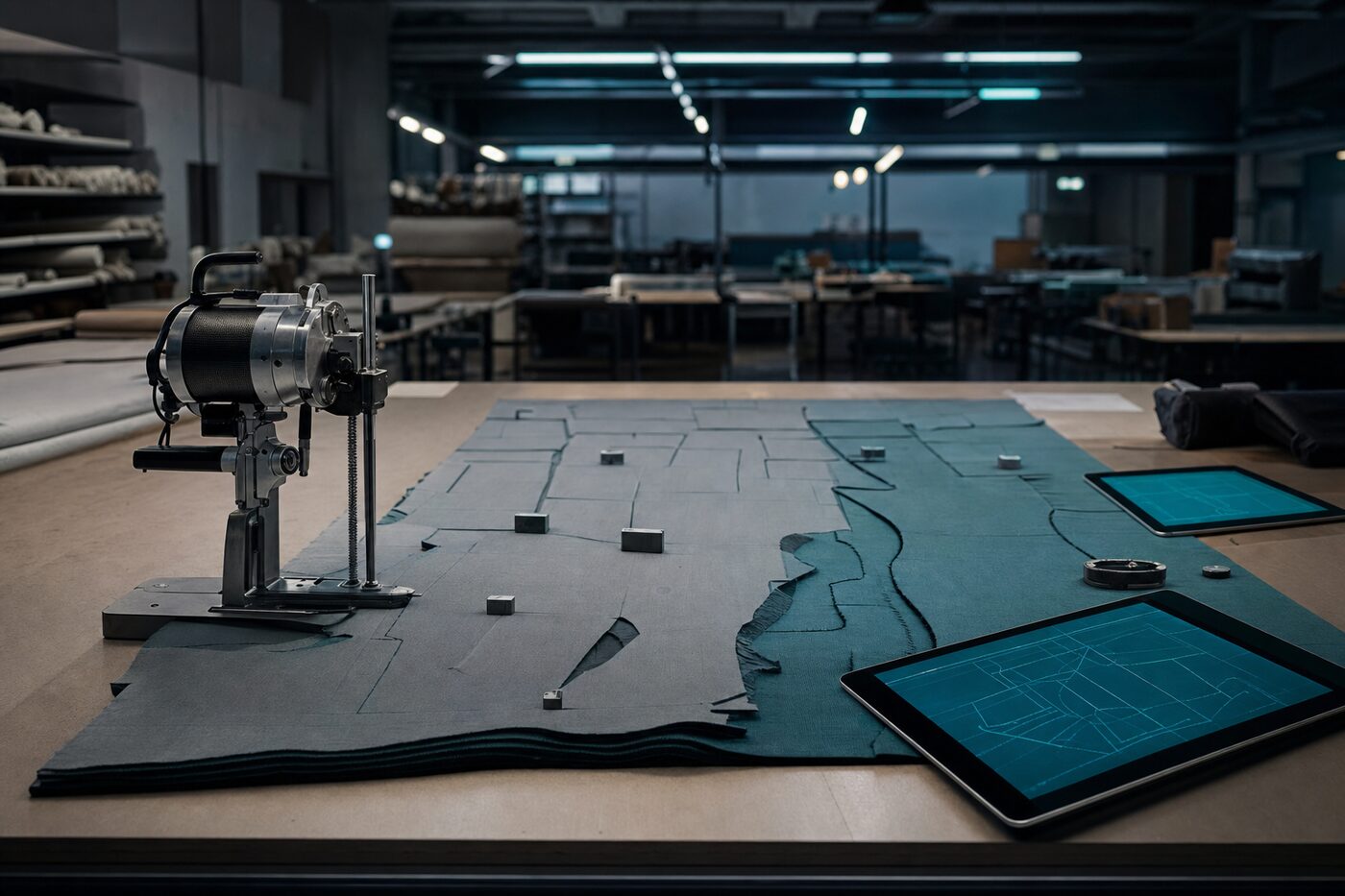 Corte industrial de telas con marcadores y mesa de corte