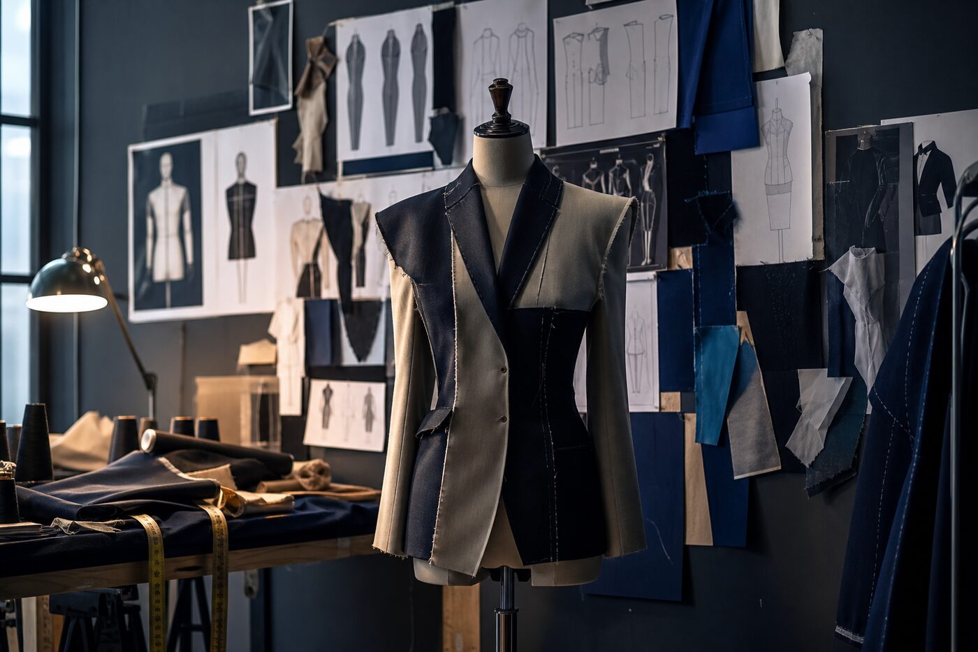 Estudio de diseño de modas con fichas técnicas y maniquí