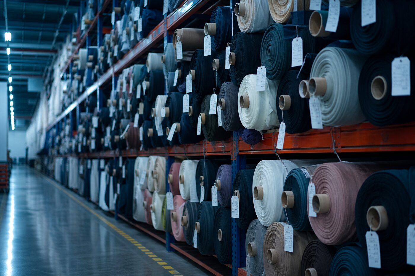 Inventario de rollos de tela en bodega organizada